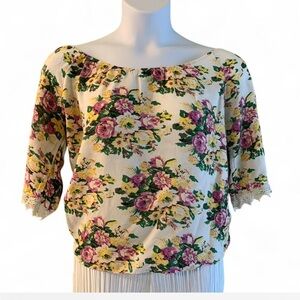 Boho Coquette Blue Sketch Floral Off-Shoulder Women's Top Size L